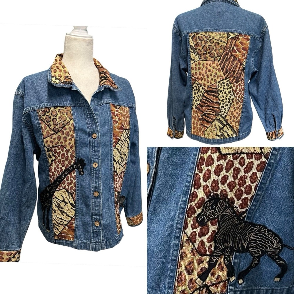 Vtg Y2K 90s Embroidered Patched Safari Animal Print Denim Button Jacket Size S